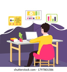Flat design illustration of a man sitting and looking to a laptop. Work from home