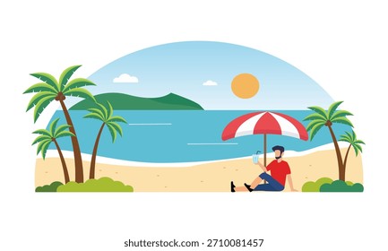 Ilustración de diseño plano de un hombre sentado en la playa sosteniendo un vaso de agua. Para disfrutar de las vacaciones. Ilustración vectorial de diseño 