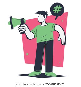 Flat design illustration of a man speaking into a megaphone. The design highlights communication, leadership and message delivery, with vibrant colors and a minimalist, modern style