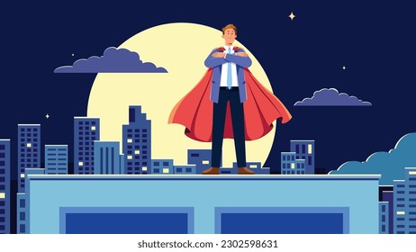 Flat design illustration of man standing on a rooftop with his arms crossed and his chest puffed out, as if he is celebrating a victory.