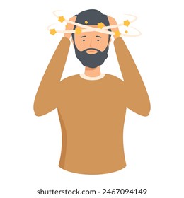 Flat design illustration of a man with stars circling above his head, signifying dizziness