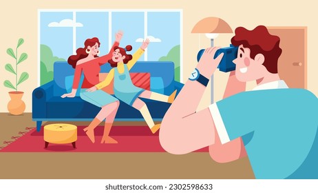 Flat design illustration of man taking photos of mother and daughter posing for him on sofa.