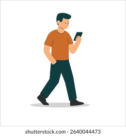 Flat Design Illustration of Man Walking While Using Smartphone Vector