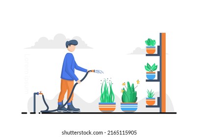 flat design illustration man watering plants with water