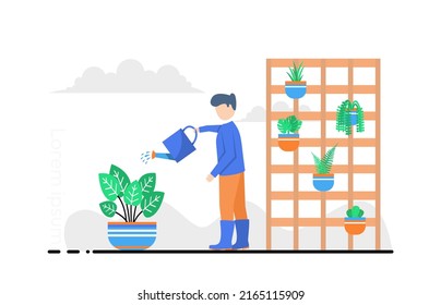 flat design illustration man watering plants with water