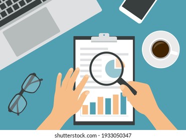 Flat design illustration of man or woman hand analyzing with magnifying glass on sheet of paper with financial chart. Laptop and cup of coffee with glasses on green office desk board - vector