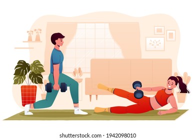 Ilustración de diseño plano de hombres y mujeres haciendo ejercicio en casa. Una pareja joven levantando pesas tontas en el interior. Concepto de ejercicio en gimnasia casera y estilo de vida saludable.