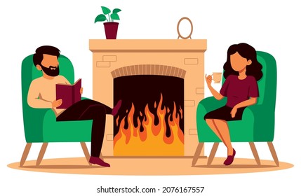 Ilustración de diseño plano con hombres y mujeres descansando junto a su chimenea.