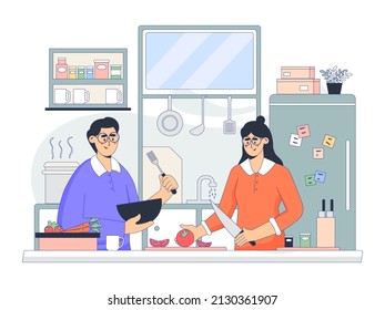 Flat Design Illustration Of Man And Woman Cooking Together In The Kitchen