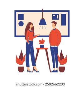 Flat Design Illustration of Man and Woman Standing While Discussing Talking at Office
