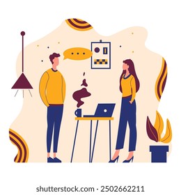 Flat Design Illustration of Man and Woman Standing While Discussing Talking at Office