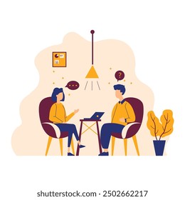 Flat Design Illustration of Man and Woman Sitting While Discussing Talking at Office