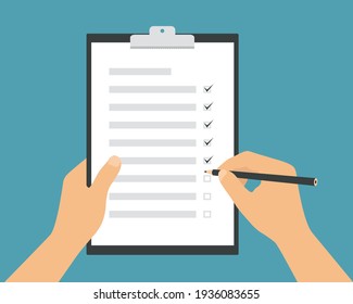 Flat design illustration of a man or woman's hand holding a pencil and filling out a to-do list. White paper on green background - vector