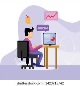 Flat design illustration Man Working on chart and text in front of  computer 