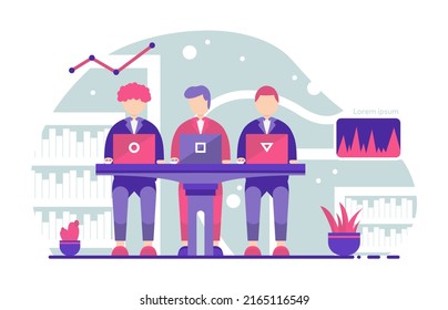 flat design illustration man working with laptop and books in office