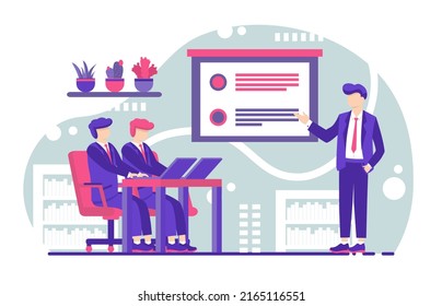 flat design illustration man working with laptop and books in office