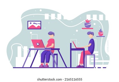 ilustrador de diseño plano hombre trabajando con laptop y libros en la oficina