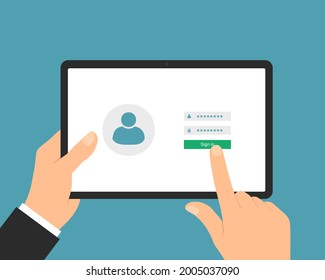 Flat design illustration of manager or business hand use digital tablet with touch screen login. Entering username and password - vector
