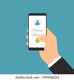Flat design illustration of manager hand holding smartphone with white touch screen and login form for entering username and password - vector