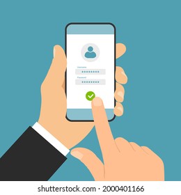 Flat design illustration of manager hand holding smartphone and clicking on login touch screen with username and password - vector