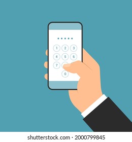 Flat design illustration of manager hand holding smartphone with login screen and entering PIN code - vector