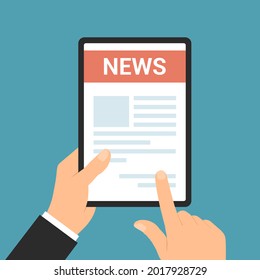 Flat design illustration of manager hand holding touch screen tablet and online newspaper - vector