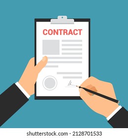Flat design illustration of manager hand signing contract on white paper with pencil - vector