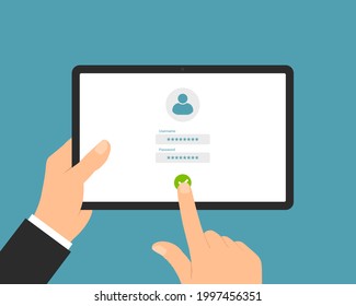 Flat design illustration of a manager's hand holding a tablet. Enter username and password on the login screen - vector