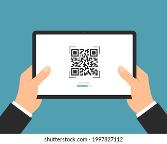 Ilustración de diseño plano de la mano de un administrador que sostiene una tableta digital con un escaneo de código QR. Adecuado para banca por Internet o negocio - vector
