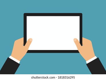 Flat design illustration of manager's hands in suit holding tablet with blank white touch screen and space for text - vector