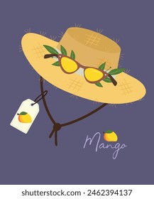 Flat Design Illustration at Mango Hat Straw and Sunglasses, Sale Tag