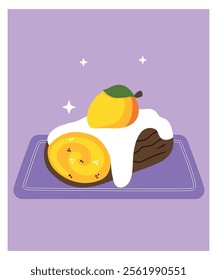 Flat Design Illustration with Mango Roll Cake with Vanilla Cream on a plate