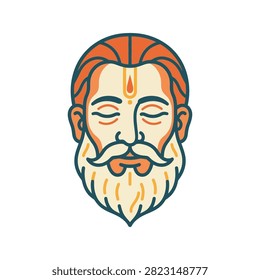A flat design illustration of a man's face featuring a prominent beard and mustache, with a tilak on his forehead.