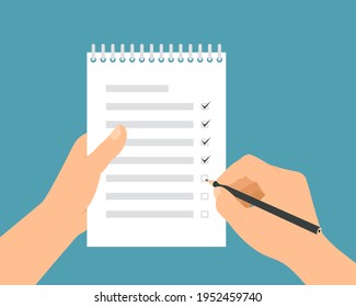 Flat design illustration of a man's hand holding a pencil filling out a to-do list in a workbook with a binder - vector