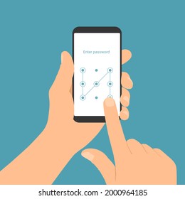 Ilustración de diseño plano de la mano de un hombre sujetando un smartphone con una pantalla de inicio de sesión e introduciendo un código de acceso gráfico - vector