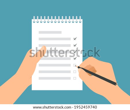 Flat design illustration of a man's hand holding a pencil filling out a to-do list in a workbook with a binder - vector