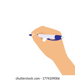 Flat design illustration of a man's or woman's hand holding a ballpoint pen. Concept for adding written text. Isolated on white background - vector