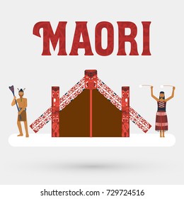 Flat design, Illustration of Maori people and Maori meeting house, Vector