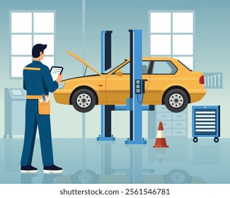 A flat design illustration of a mechanic using a tablet to diagnose a car on a hydraulic lift in a repair garage.