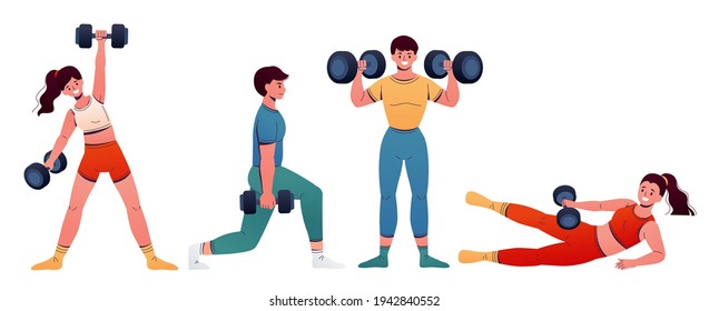 Flat design illustration of men and women lifting heavy dumbbell weights. People characters isolated on white background, concept of gym training and sport exercise.