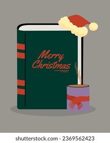 Flat Design Illustration with Merry Christmas Book and Santa Hat,Hot Drink,Scarf