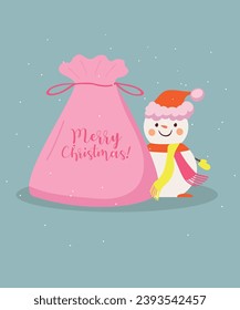 Flat Design Illustration with Merry Christmas Bag and Snowman wearing Santa Hat ,Scarf