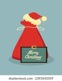 Flat Design Illustration Merry Christmas Banner with Bag and Santa Hat