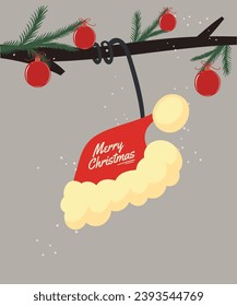  Flat Design Illustration with Merry Christmas Santa Hat and Branch, Decoration