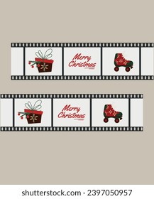 Flat Design Illustration with Merry Christmas Roller Skate,present,Fir Branch at Film Roll