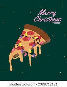 Flat Design Illustration Merry Christmas with Pizza,Christmas Tree Lights