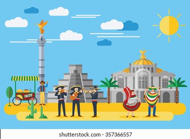 Flat design, Illustration of Mexican icons and landmarks