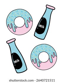 Flat Design Illustration with Milk Bottle ,Donut at Hand Draw Doodle Style