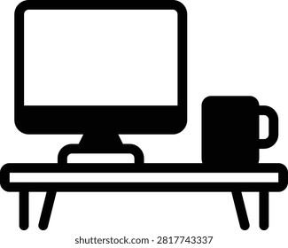 A flat design illustration of a minimalist workspace featuring a computer monitor and an orange coffee mug on a white table. Ideal for office or productivity themes.