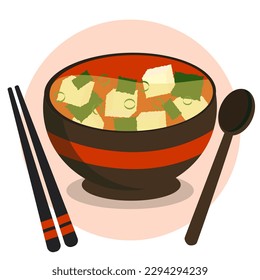 Ilustración de diseño plano de sopa miso con tofu y algas en un tazón